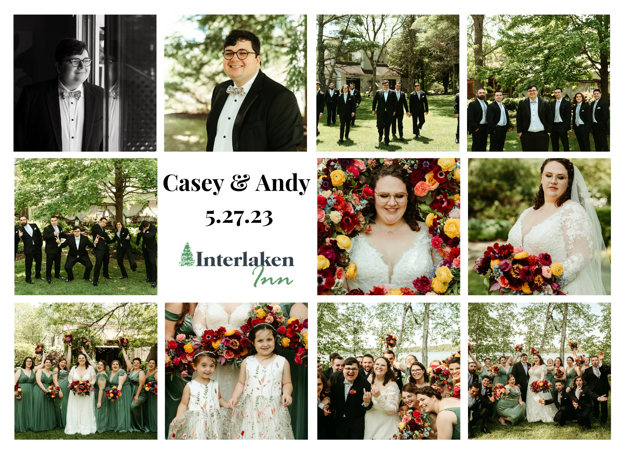 collage of scenes from Casey and Andy's wedding at the Interlaken Inn